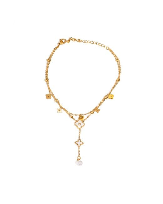 Ebru Jewelry Metallic Floral Pearl Charm Anklet
