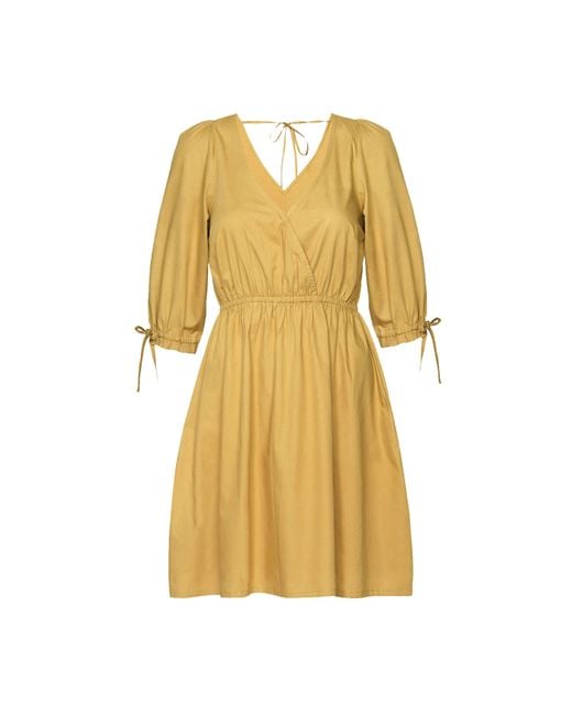 REISTOR Yellow Gathered Elbow Sleeve Short Cotton Dress