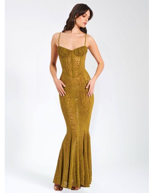Miss Circle New York Green Ulani Burnout Velvet Detail Mesh Maxi Dress
