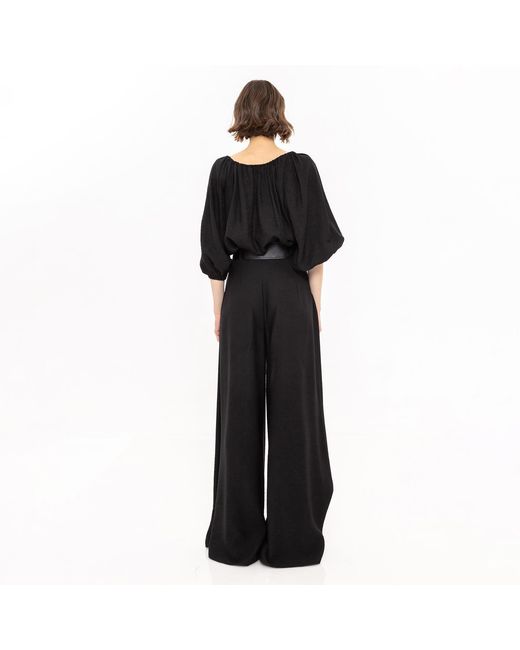 Nissa Black Puff-Sleeve Viscose Top