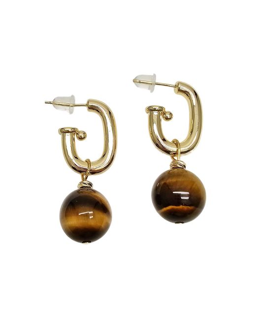 Farra Metallic Tiger-Eye Stone Dangle Modern Hoop Earrings