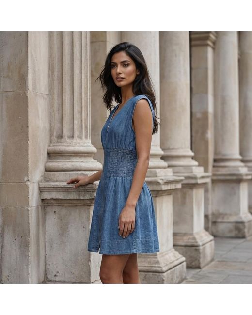 Modenaire Blue Denim Mini Dress Smocked Waist