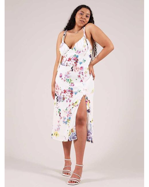 blonde gone rogue White Flower Power Midi Dress With Slit, Upcycled Viscose