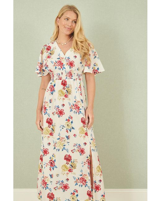 Yumi' Pink Floral Recycled Fabric Ruched Waist Midi Dress