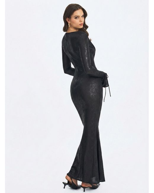 Miss Circle New York Black Ilysia V-Neck Plunge Snakeskin Mermaid Hem Maxi Dress