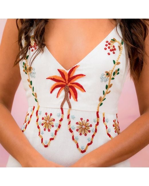 Laura Slings White Beaded Beach Dress With Floral Flowers Embroidery And Embellished Details