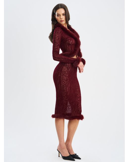 Miss Circle New York Red Hali Burgundy Animal Print Burnout Velvet Fur Trim Top
