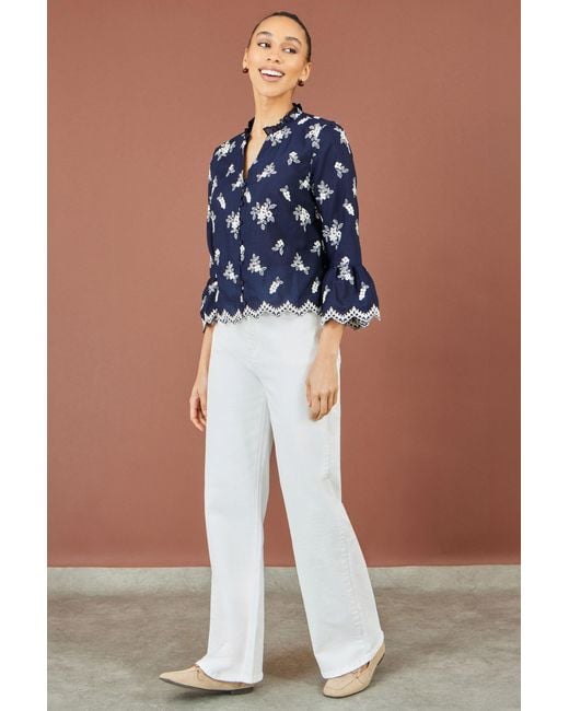 Yumi' Blue Broderie Shirt With Fluted Sleeves