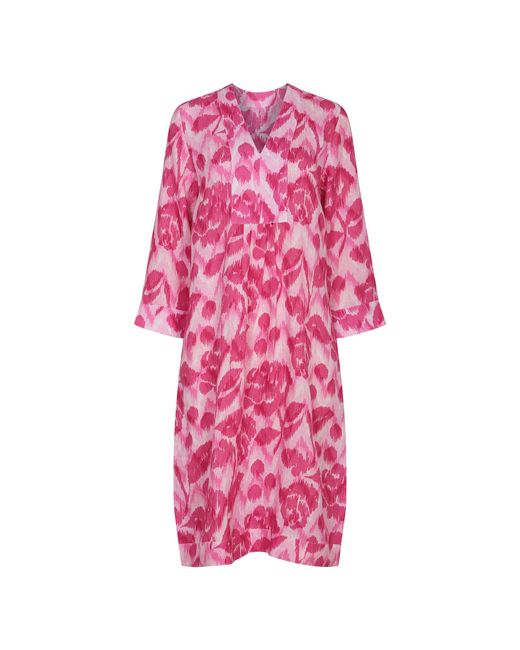 NoLoGo-chic Pink Ikat Rose Picot Midi Dress Linen