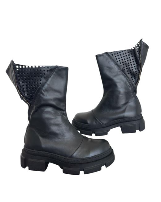Adrenaline Fashion Blue Leather Perforated Ankle Boots – Handmade Designer Shoes, Chunky Sole, Modern Edgy Style