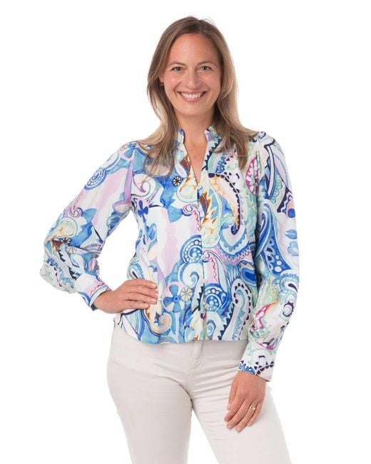 Franchetti Bond Blue Filide Paisley Swirl Ruffle Neck Blouse