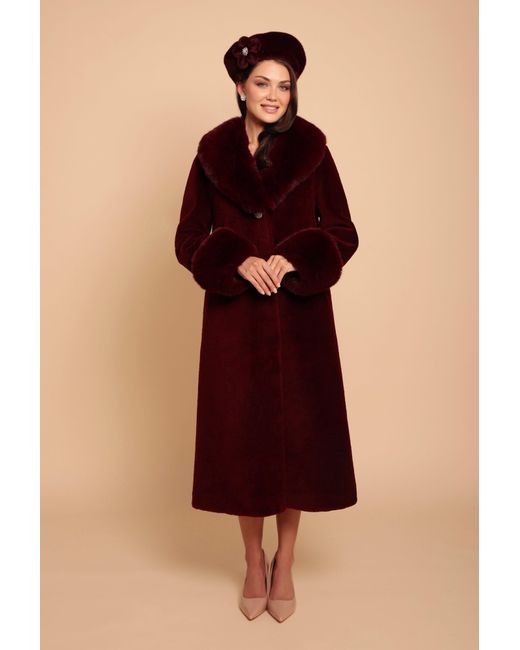 Santinni Red 'Sunset Boulevard' Long Wool Coat With Faux Fur Collar