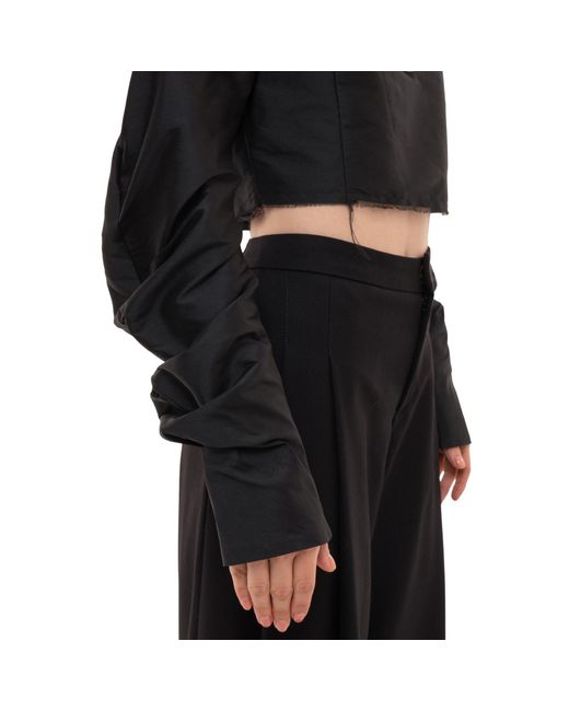 Sazha Black Silk Taffeta Cropped Top With Voluminous Sleeves