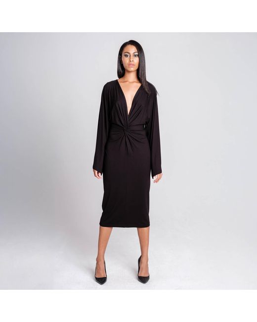 Imaatu Black Eclipse Knot Front Extremely Deep V-Neck Sculpting Elastic Viscose Midi Dress Long Kimono Sleeves