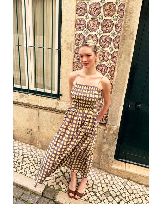 Amy Lynn Natural Darcy & Aubergine Contrast Polka Dot Smocked Midi Dress