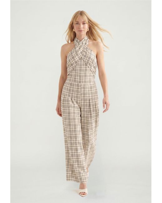Lily and Lionel Gray Neutrals Ardern Halterneck Check Culotte Jumpsuit