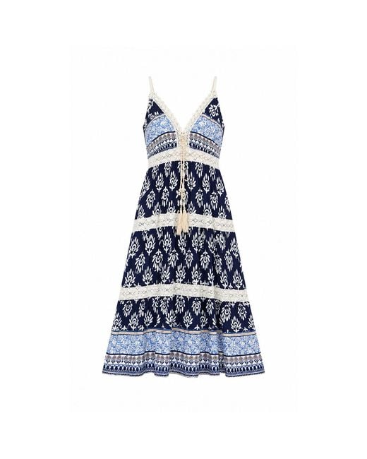 Yumi' Blue Viscose Paisley Print Midi Sun Dress