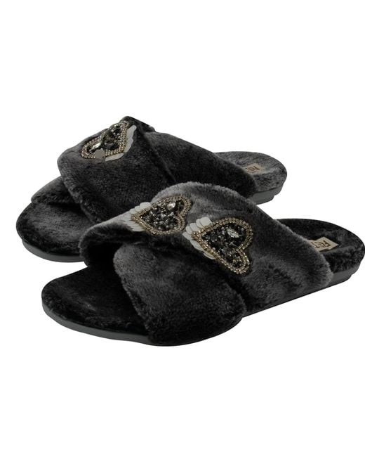 Rettrose Black Katie Charcoal Luxury Plush Diamanté Heart Embellished Handmade Slipper