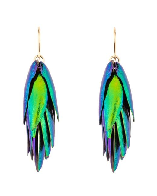 Oana Savu Blue Beetle Wings Drop Statement Earrings Hook Ear Wires