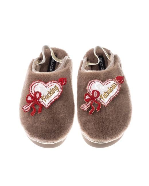 Laines London Red Flatform Cloud Slippers With Fucking Fabulous Hearts Brooches
