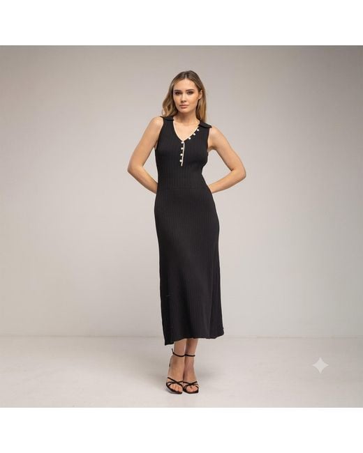 Tantra Spain Sl Black Long Sleeveless Pleated Knit Dress With Buttons, And Topstitching Detail