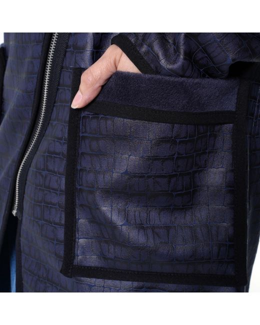 Metamorph Blue Croc-Effect Asymmetric Zip Coat With Draped Collar