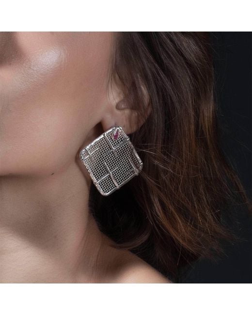 German Kabirski Metallic Takhi Lightweight Sterling & Titanium Mesh Earrings With Natural Ruby