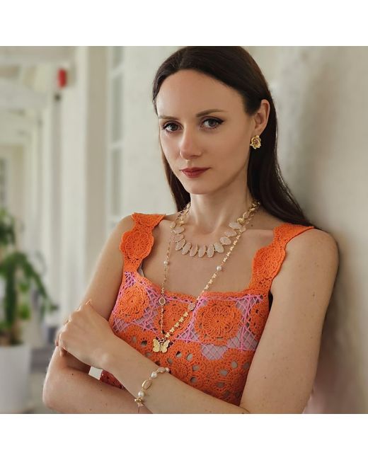 Farra Natural Rose Quartz With Flower Chain Statement Necklace