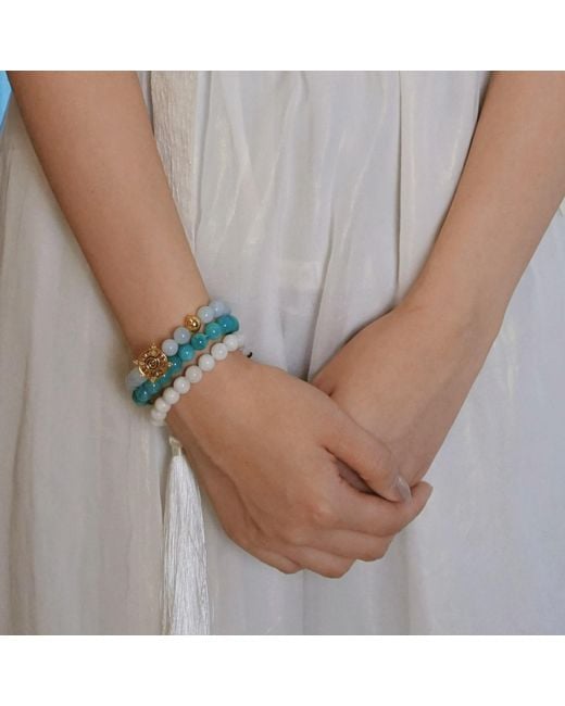 Aurozia Blue Three Charms Solar Meridian Whitegold Plated Sundial And The Sun Coin Amazonite Beaded Bracelet