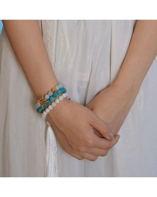 Aurozia Blue Three Charms Solar Meridian Whitegold Plated Sundial And The Sun Coin Amazonite Beaded Bracelet