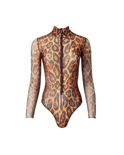 Rodasoleil Smart Swimwear Brown Tan-Through Mesh One-Piece Zipper Swimsuit With Sleeves Leopard