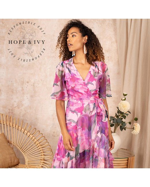 Hope & Ivy Pink The Tessa Flutter Sleeve Maxi Wrap Dress With Tie Waist