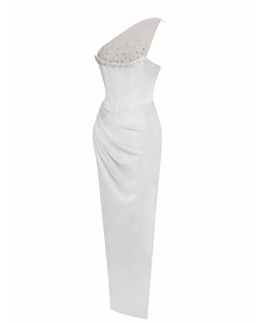 Miss Circle New York White Lora Crystal Embellished Mesh Satin Corset Gown