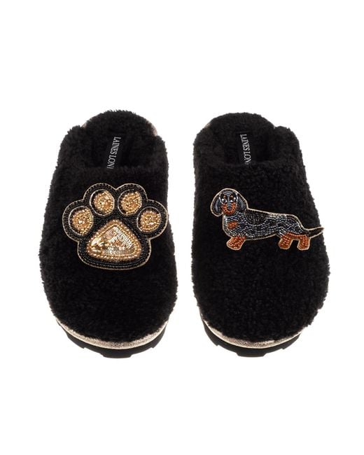 Laines London Black Teddy Closed Toe Slippers With Paw & Dapple Dachshund Brooches