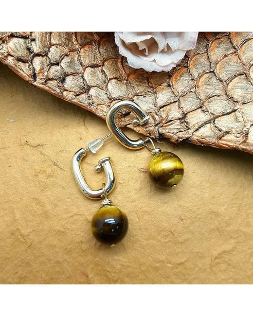 Farra Metallic Tiger-Eye Stone Dangle Modern Hoop Earrings