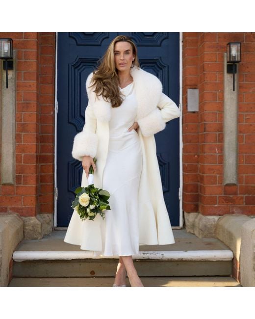 Hortons England White Westminster Cashmere Peplum Coat Faux Fur Ivory