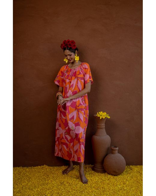 NoLoGo-chic Red Calypso Fruit Flower Midi Dress Cotton