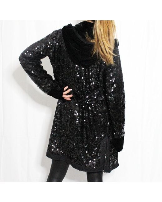 Boutique Kaotique Black Long Sequin Vest With Velvet Hood