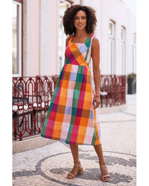 Yumi' Orange Multicolour Seersucker Cotton Midi Sun Dress