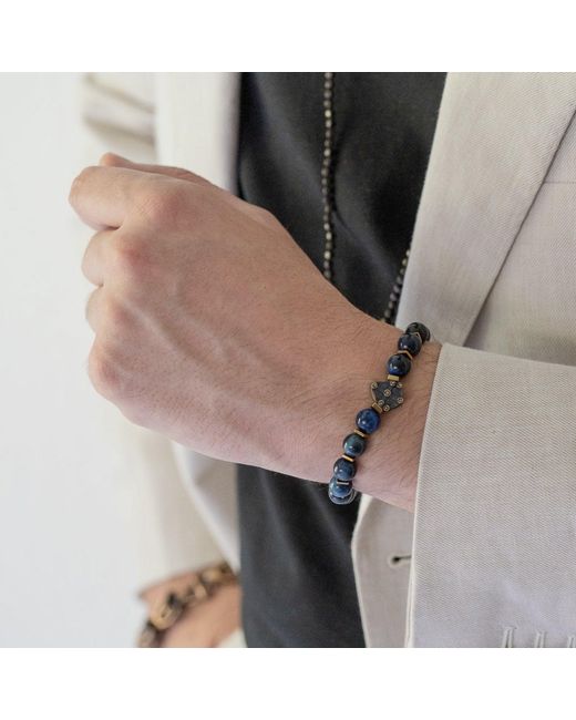 Ebru Jewelry Blue Tiger Eye Stone Shield Charm Beaded Bracelet for men