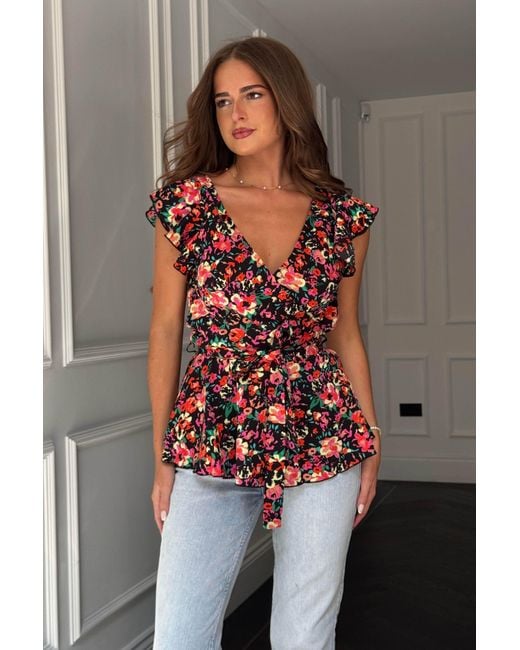 Girl In Mind Red Juniper Floral Frill Detail Wrap Peplum Top