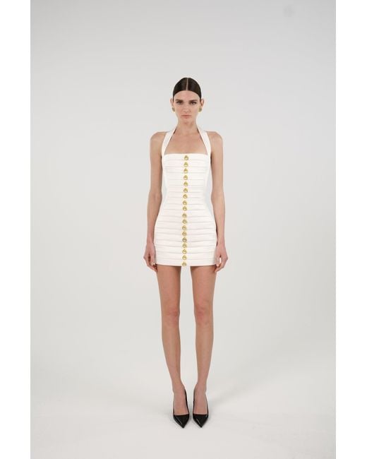 Nocturne White Halterneck Ruched Mini Dress With Button Detail