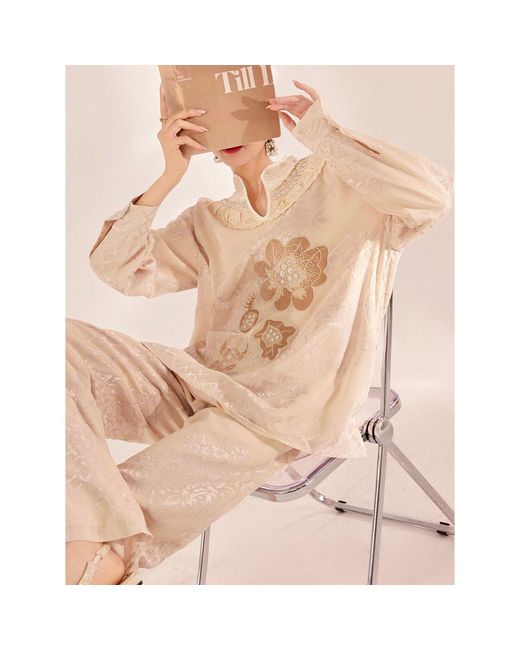 Wjy Studio London Natural Neutrals Embroidered Detail Floral Tunic