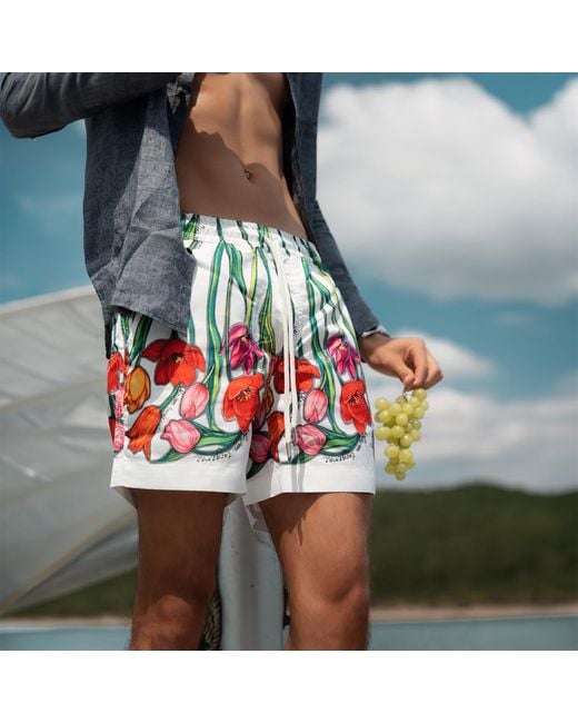 Maison Tangerine White Tulips Flower Swim Shorts for men