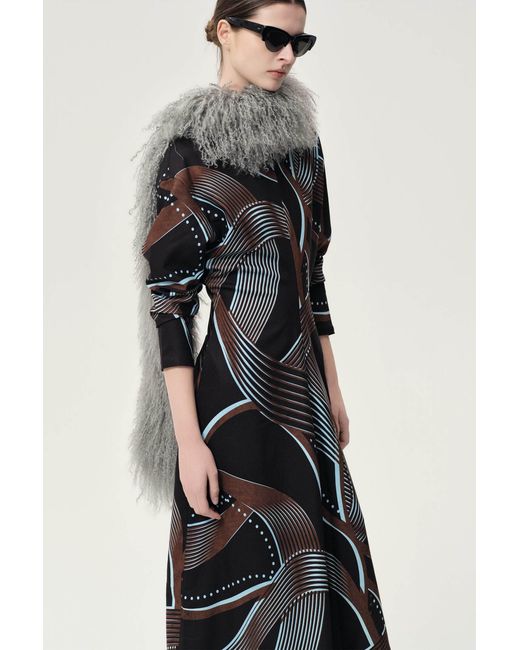 FRONT ROW SHOP Black Printed Draped-Waist Dress Multi