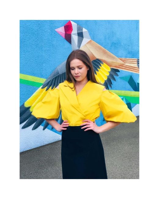 Femponiq Yellow Cold Shoulder Puff Sleeve Lapel Top
