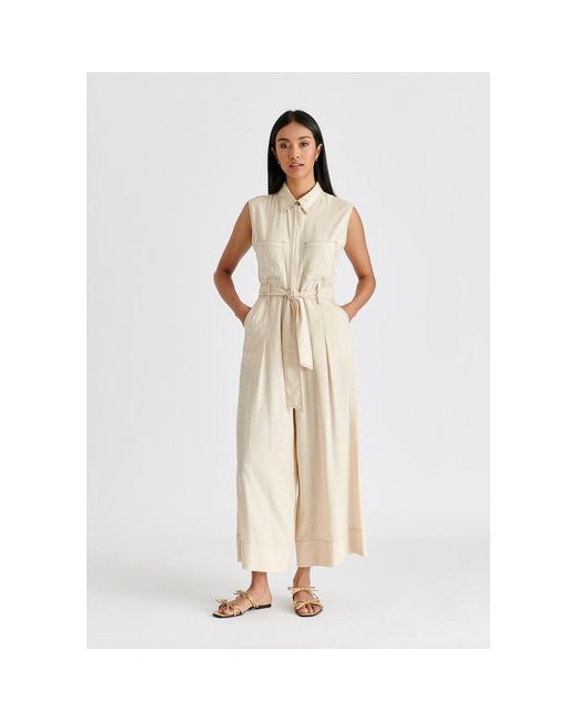 Paisie Natural Neutrals Linen Blend Jumpsuit With Stitch Details