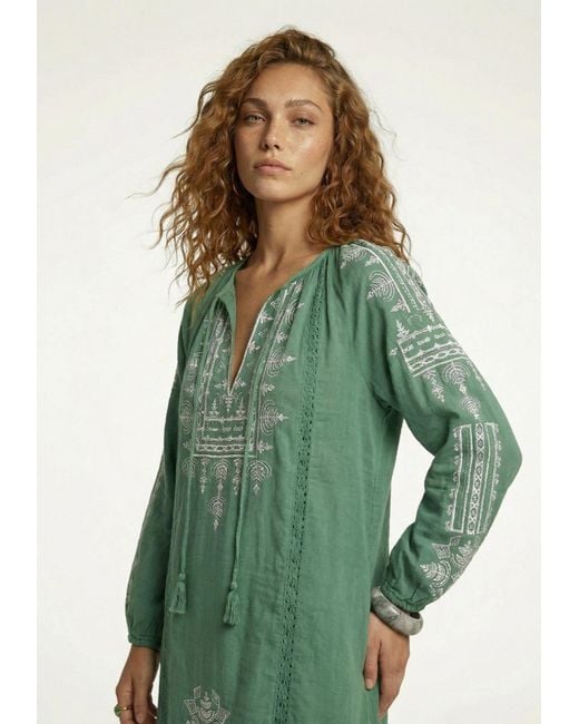 Raffya Green Aurelia Kaftan Style Embroidered Maxi Dress