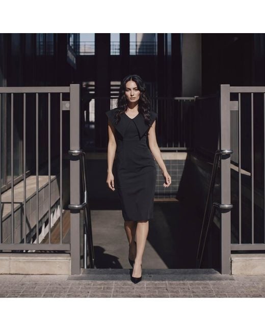 Modenaire Black Wide Collar Midi Sheath Dress