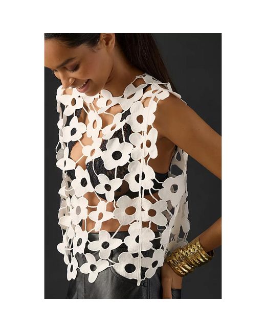 Saachi White Floral Open Knit Vest Top
